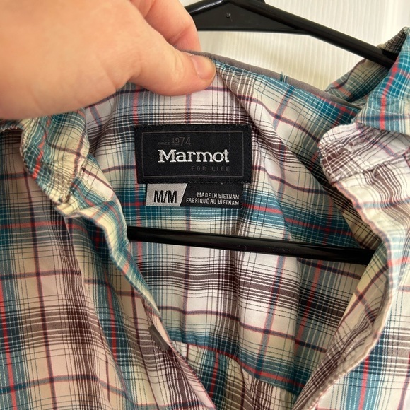 Marmot Shirt Men's Size M Blue White Red Plaid Button Down Short Sleeve - Picture 2 of 8